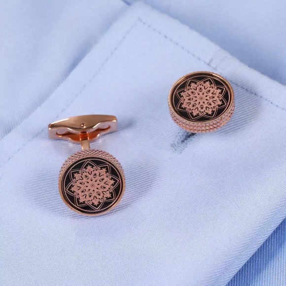 Elegant Laser Cut Floral Black and Rose Gold Round Cufflinks - Picture 2 of 16